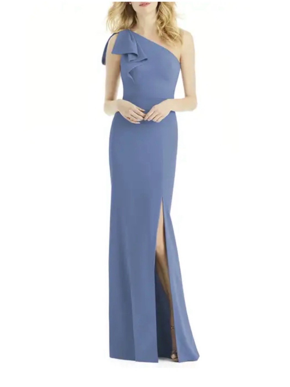 After Six Dusty Blue One-Shoulder Gown